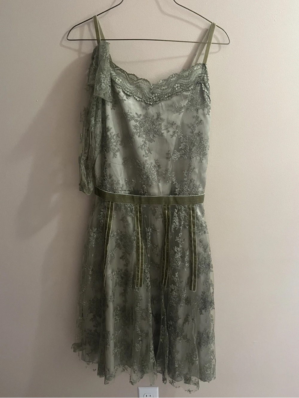 Sage Green Floral Lace 1920s Inspired Drop Waist Flapper Dress | XS